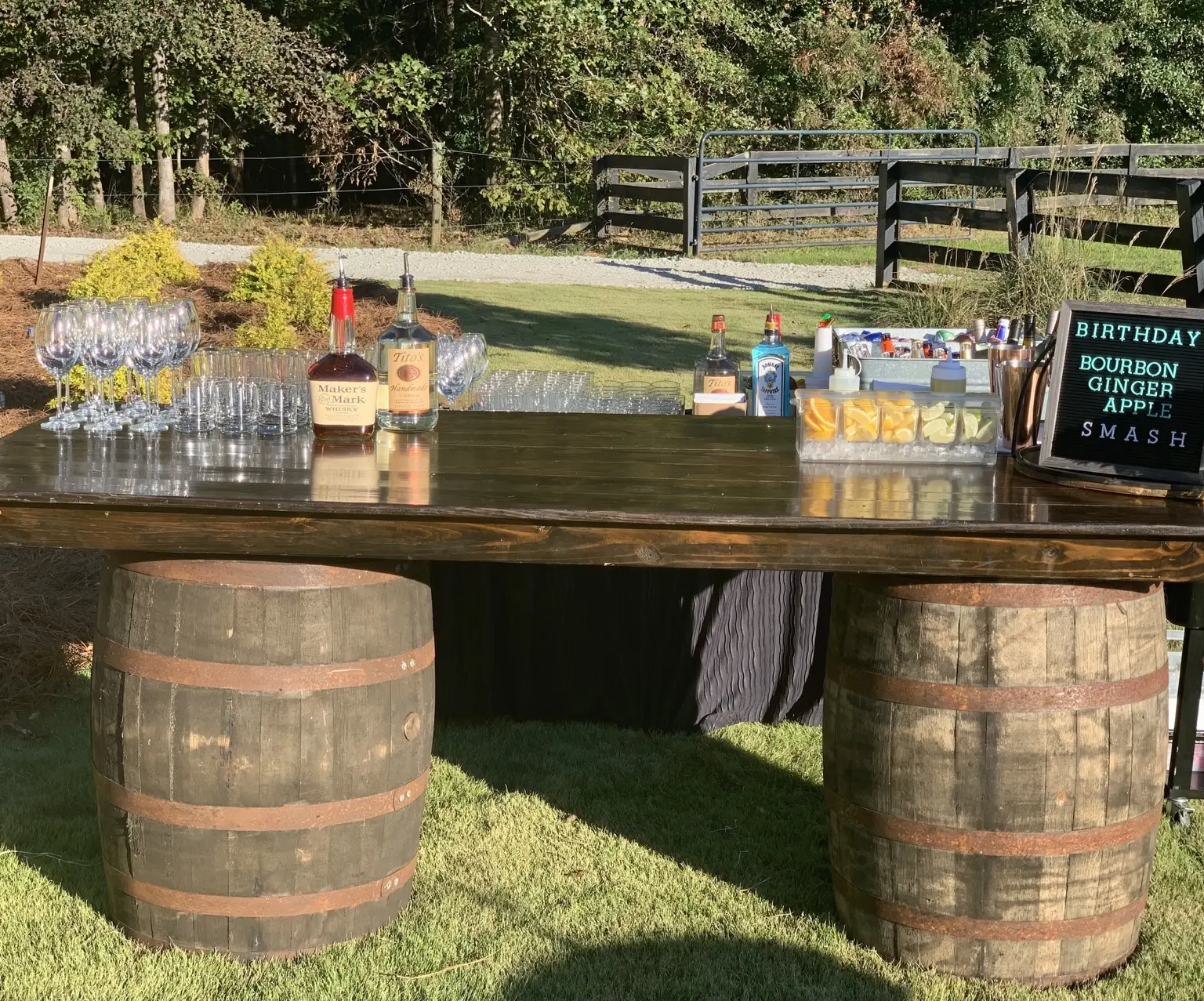 Outdoor bourbon bar prepared for a celebration