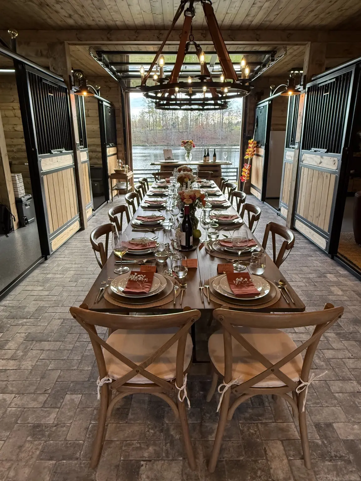 Red Barn dining table set for a private dinner